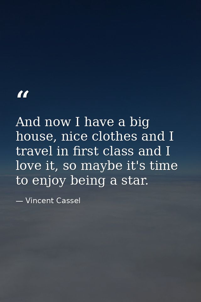 And now I have a big house, nice clothes and I travel in first class and I love it, so maybe it's time to enjoy being a  — Vincent Cassel