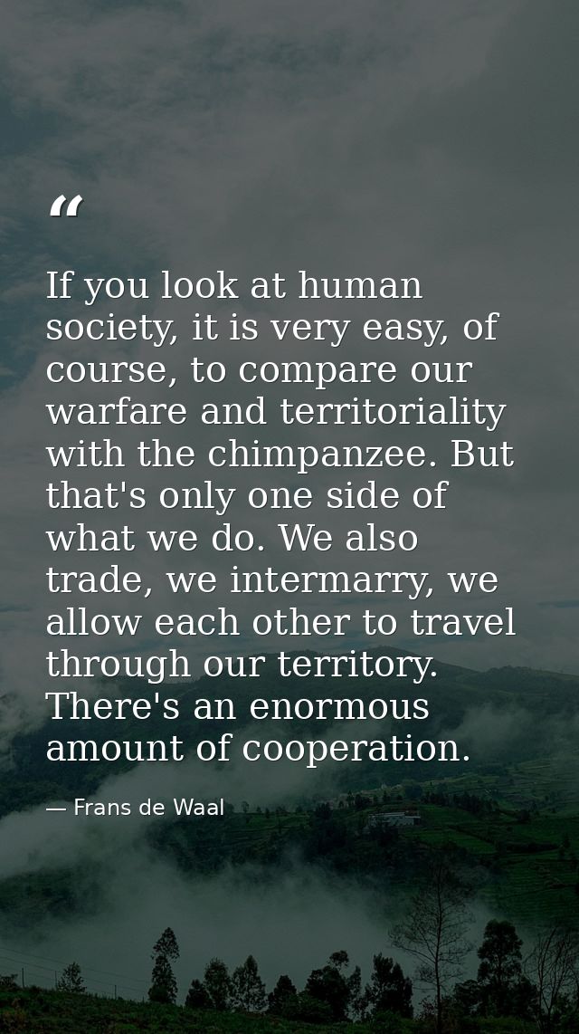 If you look at human society, it is very easy, of course, to compare our warfare and territoriality with the chimpanzee. — Frans de Waal