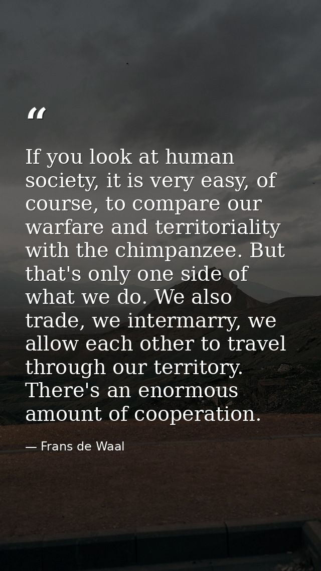 If you look at human society, it is very easy, of course, to compare our warfare and territoriality with the chimpanzee. — Frans de Waal