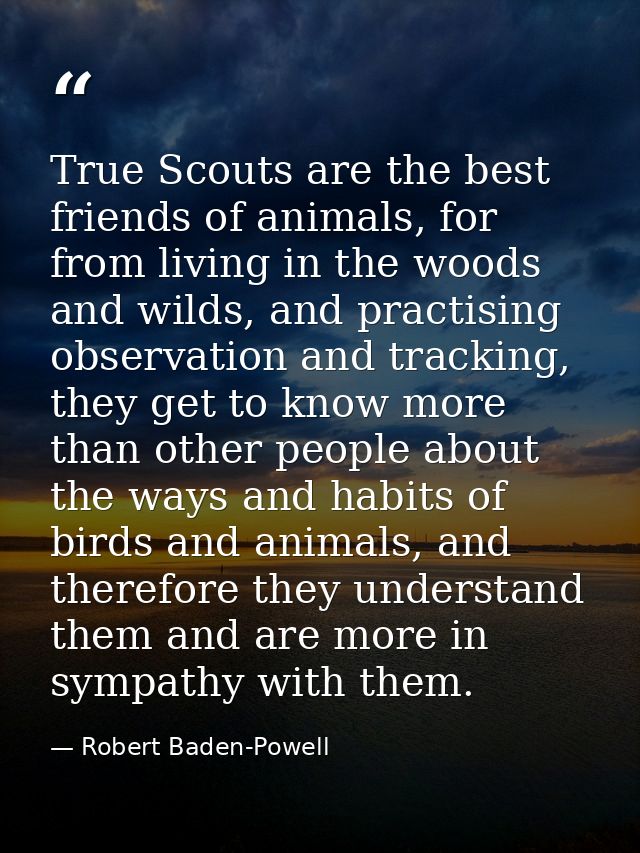 True Scouts are the best friends of animals, for from living in the woods and wilds, and practising observation and trac — Robert Baden-Powell