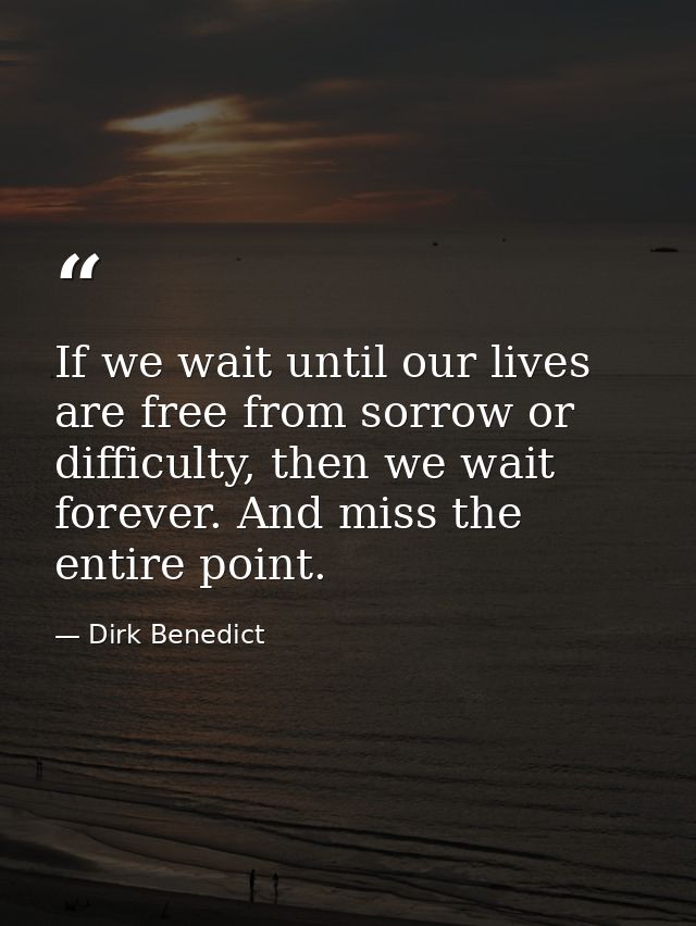 If we wait until our lives are free from sorrow or difficulty, then we wait forever. And miss the entire point. — Dirk Benedict