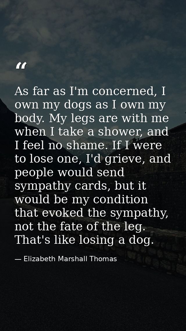 As far as I'm concerned, I own my dogs as I own my body. My legs are with me when I take a shower, and I feel no shame.  — Elizabeth Marshall Thomas