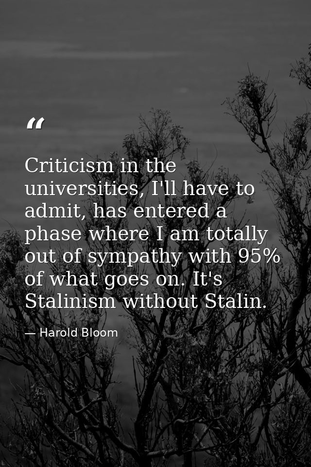 Criticism in the universities, I'll have to admit, has entered a phase where I am totally out of sympathy with 95% of wh — Harold Bloom