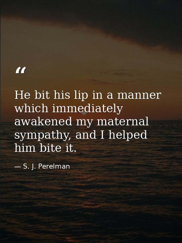 He bit his lip in a manner which immediately awakened my maternal sympathy, and I helped him bite it. — S. J. Perelman