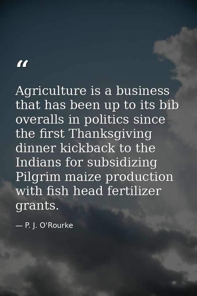 Agriculture is a business that has been up to its bib overalls in politics since the first Thanksgiving dinner kickback  — P. J. O'Rourke