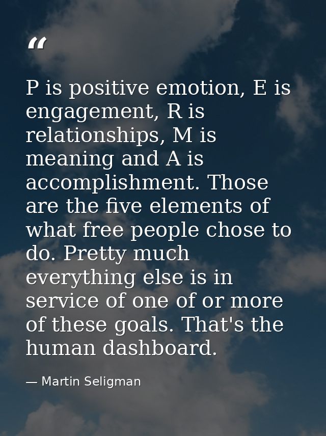 P is positive emotion, E is engagement, R is relationships, M is meaning and A is accomplishment. Those are the five ele — Martin Seligman