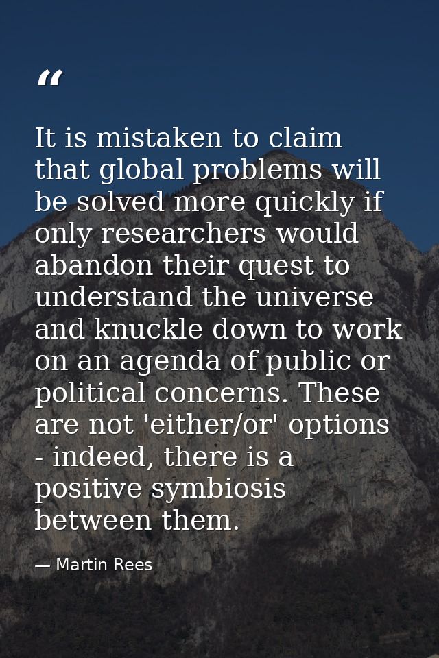 It is mistaken to claim that global problems will be solved more quickly if only researchers would abandon their quest t — Martin Rees