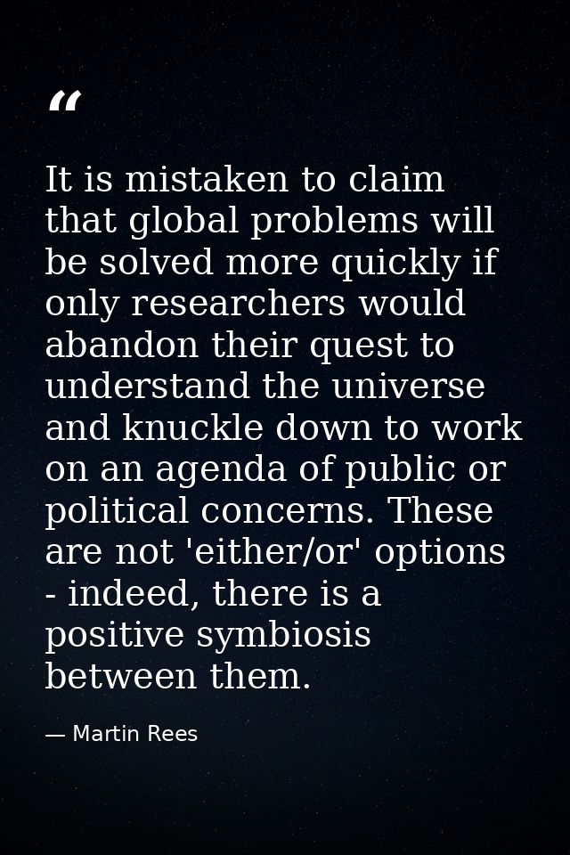 It is mistaken to claim that global problems will be solved more quickly if only researchers would abandon their quest t — Martin Rees