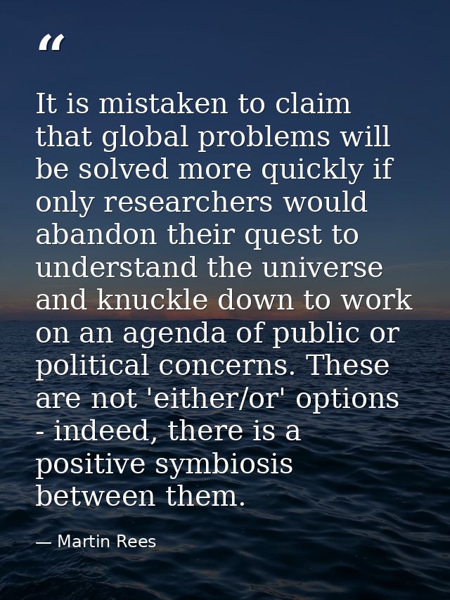 It is mistaken to claim that global problems will be solved more quickly if only researchers would abandon their quest t — Martin Rees