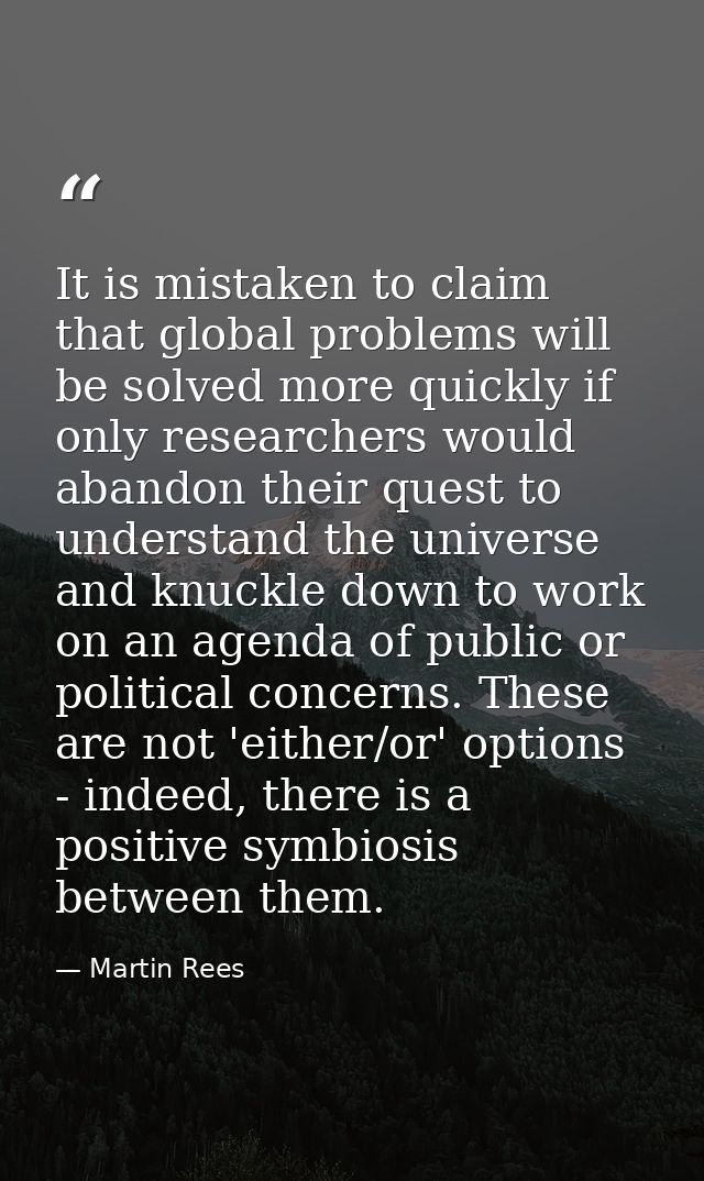 It is mistaken to claim that global problems will be solved more quickly if only researchers would abandon their quest t — Martin Rees