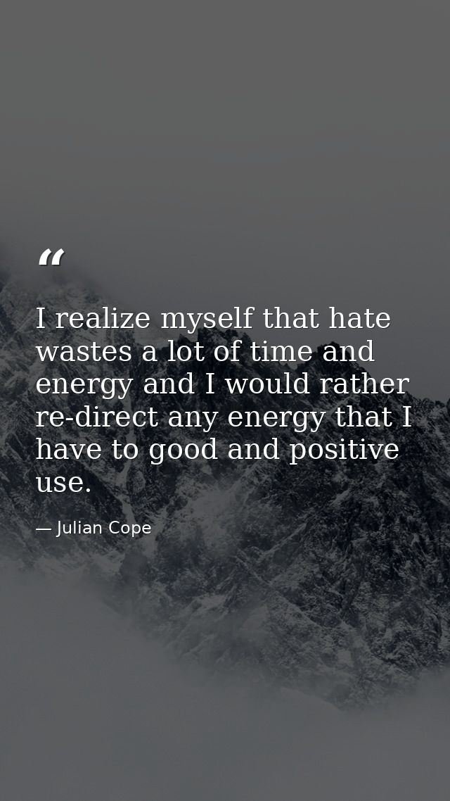 I realize myself that hate wastes a lot of time and energy and I would rather re-direct any energy that I have to good a — Julian Cope