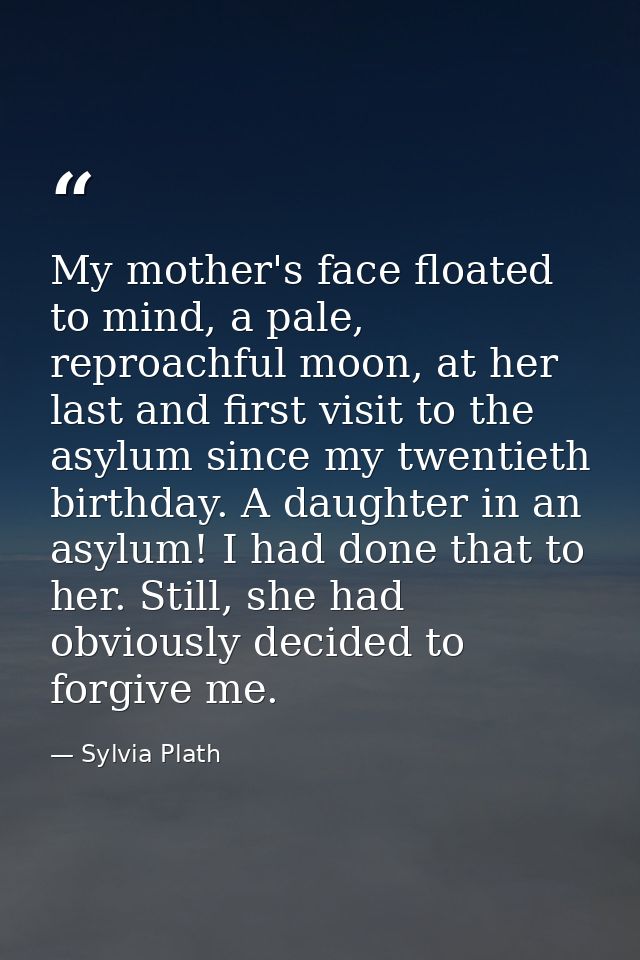 My mother's face floated to mind, a pale, reproachful moon, at her last and first visit to the asylum since my twentieth — Sylvia Plath