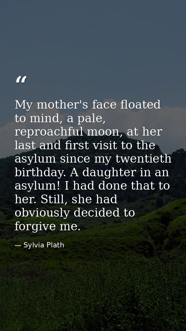My mother's face floated to mind, a pale, reproachful moon, at her last and first visit to the asylum since my twentieth — Sylvia Plath