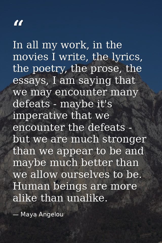 In all my work, in the movies I write, the lyrics, the poetry, the prose, the essays, I am saying that we may encounter  — Maya Angelou