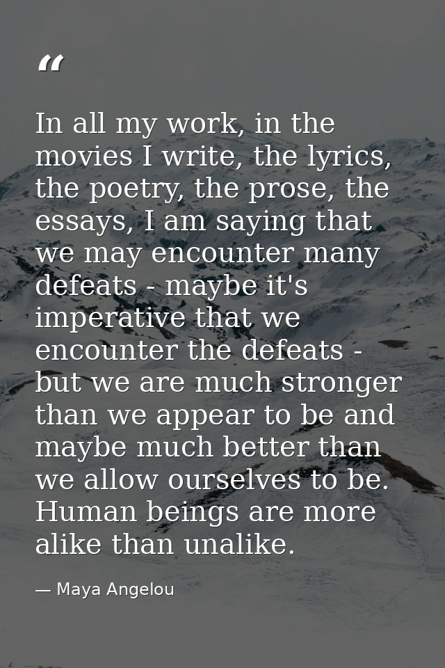In all my work, in the movies I write, the lyrics, the poetry, the prose, the essays, I am saying that we may encounter  — Maya Angelou