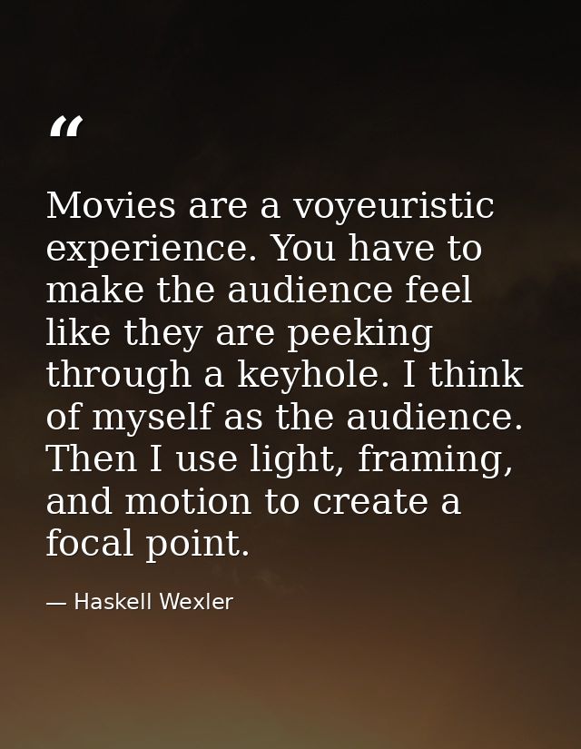 Movies are a voyeuristic experience. You have to make the audience feel like they are peeking through a keyhole. I think — Haskell Wexler