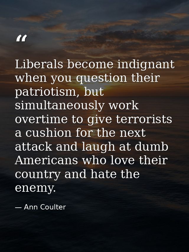 Liberals become indignant when you question their patriotism, but simultaneously work overtime to give terrorists a cush — Ann Coulter