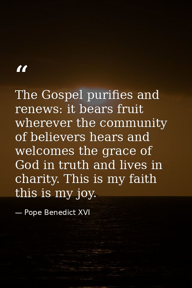 The Gospel purifies and renews: it bears fruit wherever the community of believers hears and welcomes the grace of God i — Pope Benedict XVI