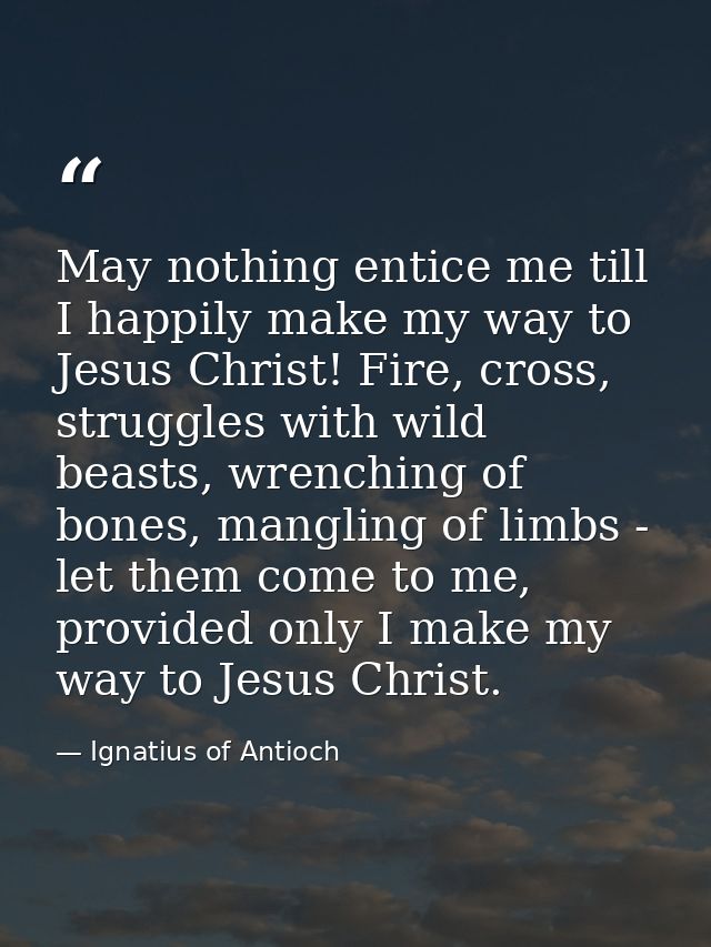 May nothing entice me till I happily make my way to Jesus Christ! Fire, cross, struggles with wild beasts, wrenching of  — Ignatius of Antioch
