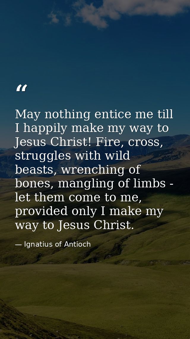May nothing entice me till I happily make my way to Jesus Christ! Fire, cross, struggles with wild beasts, wrenching of  — Ignatius of Antioch