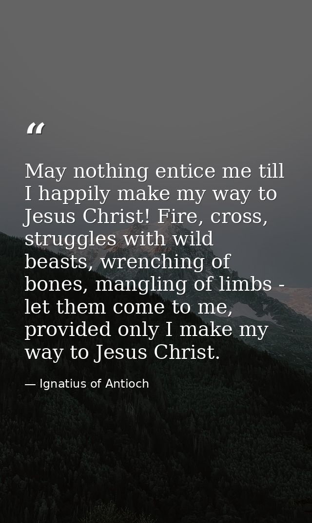 May nothing entice me till I happily make my way to Jesus Christ! Fire, cross, struggles with wild beasts, wrenching of  — Ignatius of Antioch