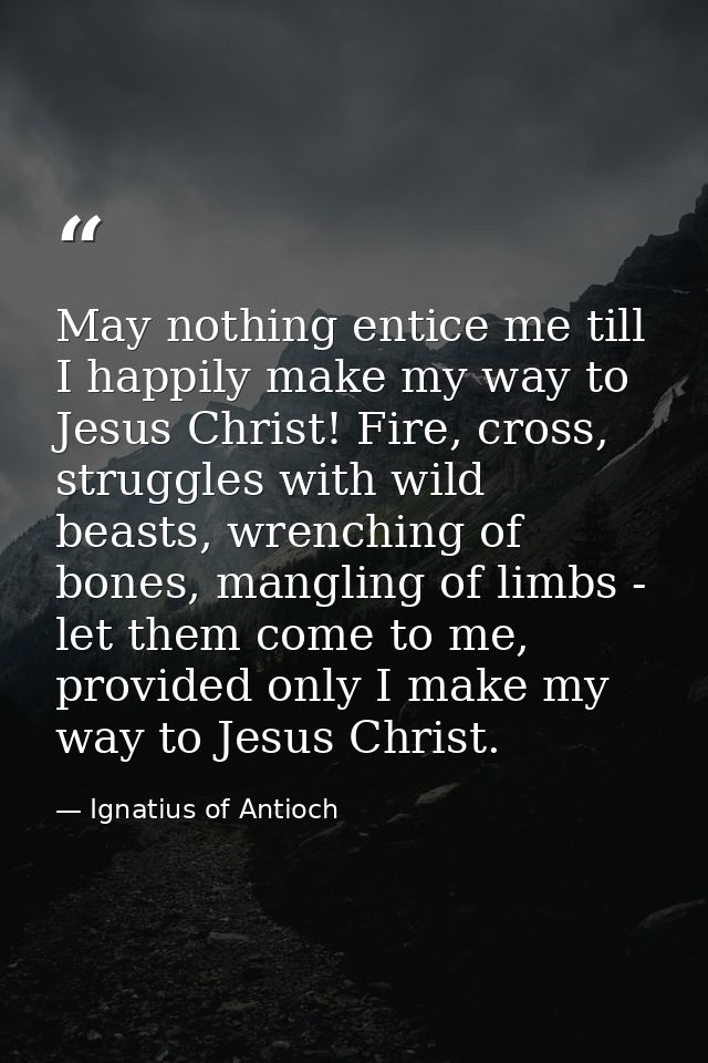 May nothing entice me till I happily make my way to Jesus Christ! Fire, cross, struggles with wild beasts, wrenching of  — Ignatius of Antioch