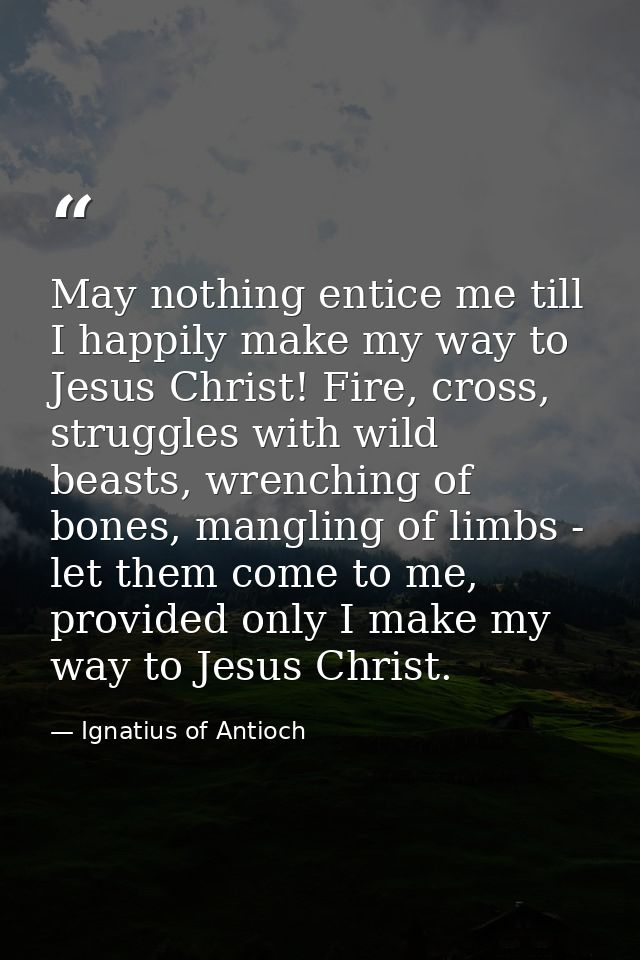 May nothing entice me till I happily make my way to Jesus Christ! Fire, cross, struggles with wild beasts, wrenching of  — Ignatius of Antioch