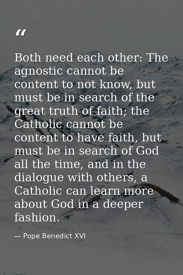 Both need each other: The agnostic cannot be content to not know, but must be in search of the great truth of faith; the — Pope Benedict XVI