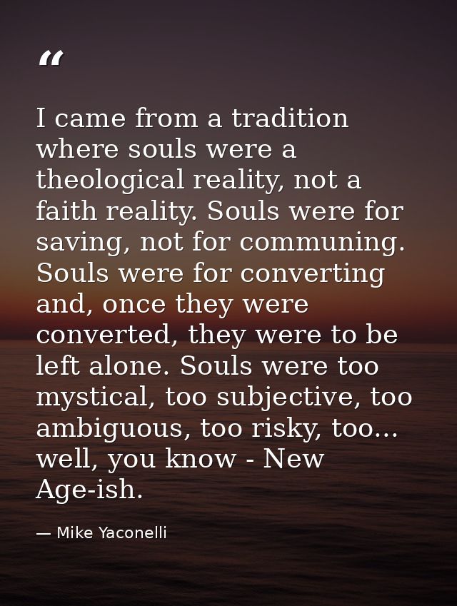I came from a tradition where souls were a theological reality, not a faith reality. Souls were for saving, not for comm — Mike Yaconelli