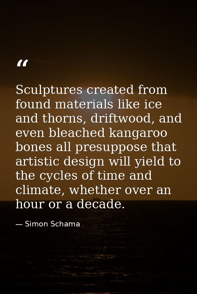 Sculptures created from found materials like ice and thorns, driftwood, and even bleached kangaroo bones all presuppose  — Simon Schama