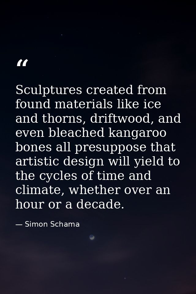 Sculptures created from found materials like ice and thorns, driftwood, and even bleached kangaroo bones all presuppose  — Simon Schama