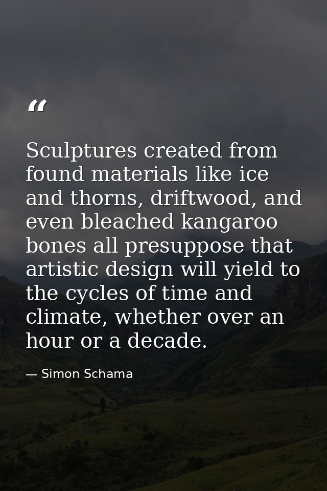 Sculptures created from found materials like ice and thorns, driftwood, and even bleached kangaroo bones all presuppose  — Simon Schama