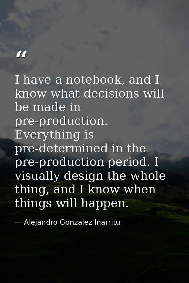I have a notebook, and I know what decisions will be made in pre-production. Everything is pre-determined in the pre-pro — Alejandro Gonzalez Inarritu