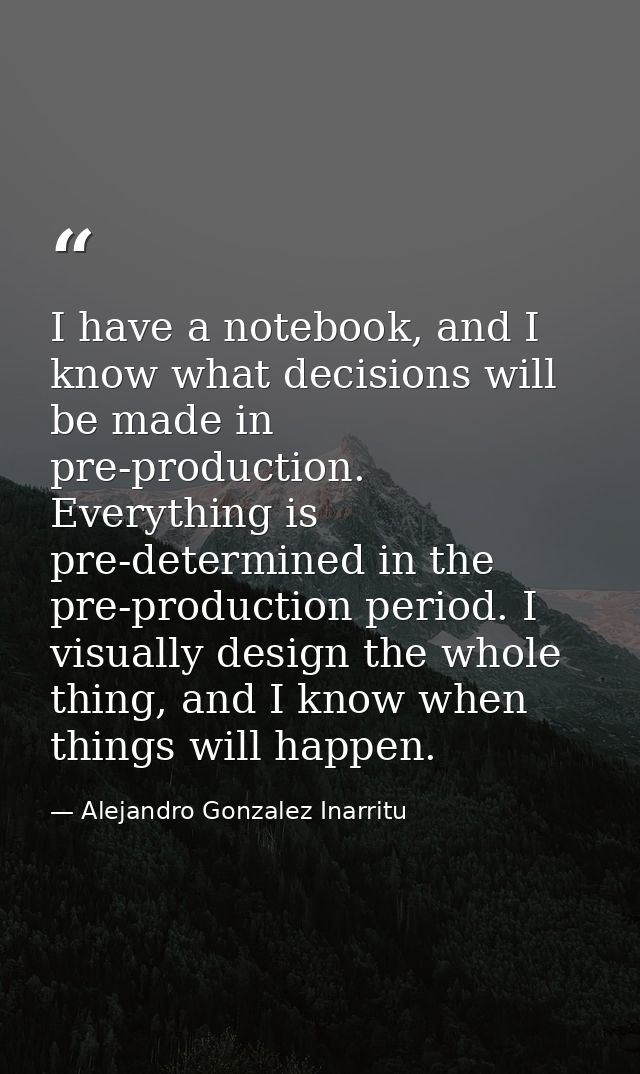 I have a notebook, and I know what decisions will be made in pre-production. Everything is pre-determined in the pre-pro — Alejandro Gonzalez Inarritu
