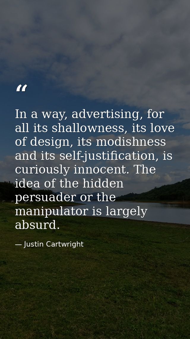 In a way, advertising, for all its shallowness, its love of design, its modishness and its self-justification, is curiou — Justin Cartwright
