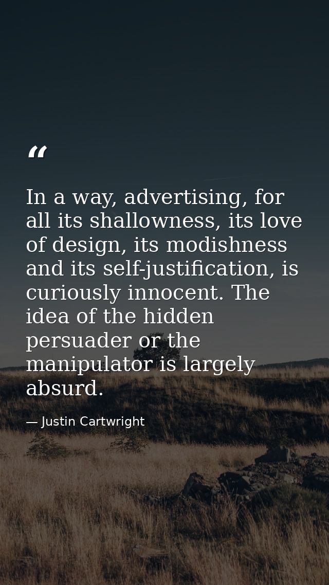 In a way, advertising, for all its shallowness, its love of design, its modishness and its self-justification, is curiou — Justin Cartwright