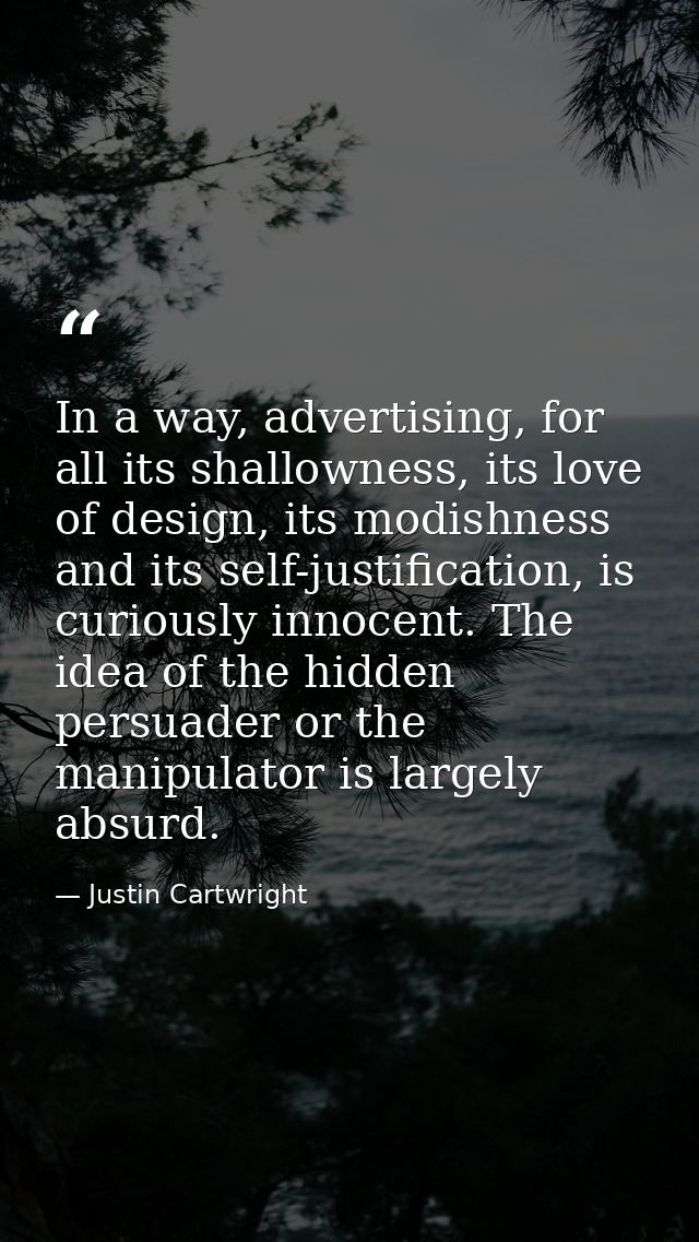 In a way, advertising, for all its shallowness, its love of design, its modishness and its self-justification, is curiou — Justin Cartwright