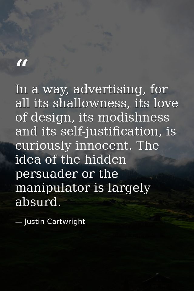 In a way, advertising, for all its shallowness, its love of design, its modishness and its self-justification, is curiou — Justin Cartwright
