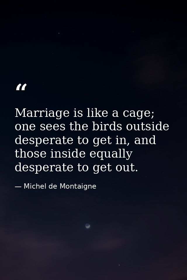 Marriage is like a cage; one sees the birds outside desperate to get in, and those inside equally desperate to get out. — Michel de Montaigne