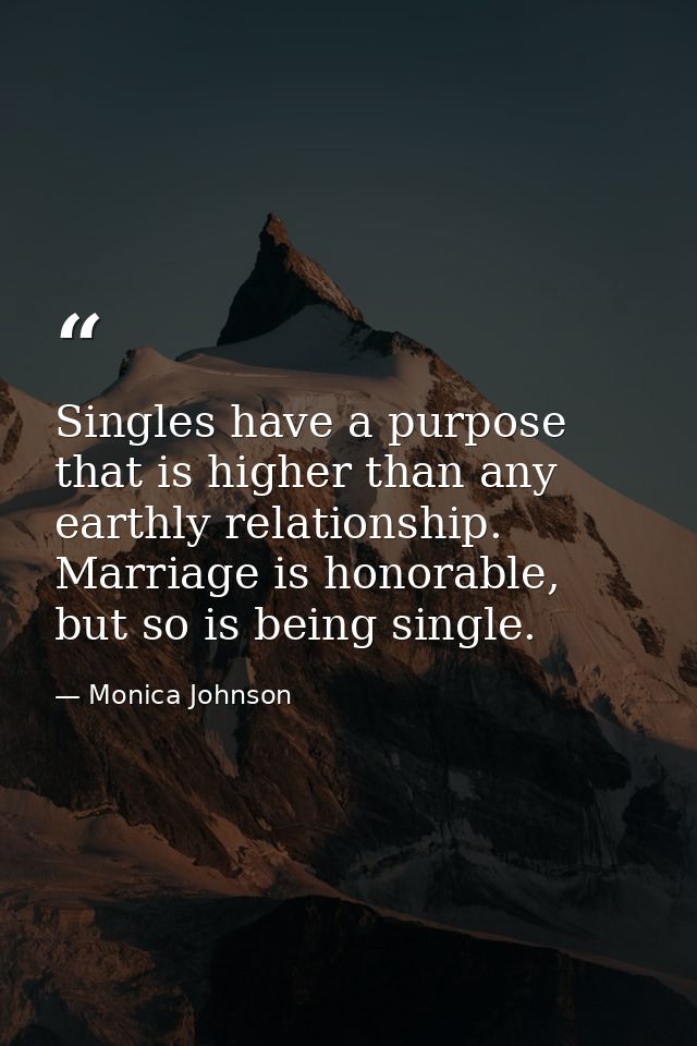Singles have a purpose that is higher than any earthly relationship. Marriage is honorable, but so is being single. — Monica Johnson