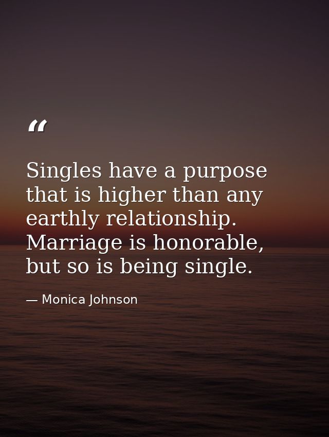 Singles have a purpose that is higher than any earthly relationship. Marriage is honorable, but so is being single. — Monica Johnson