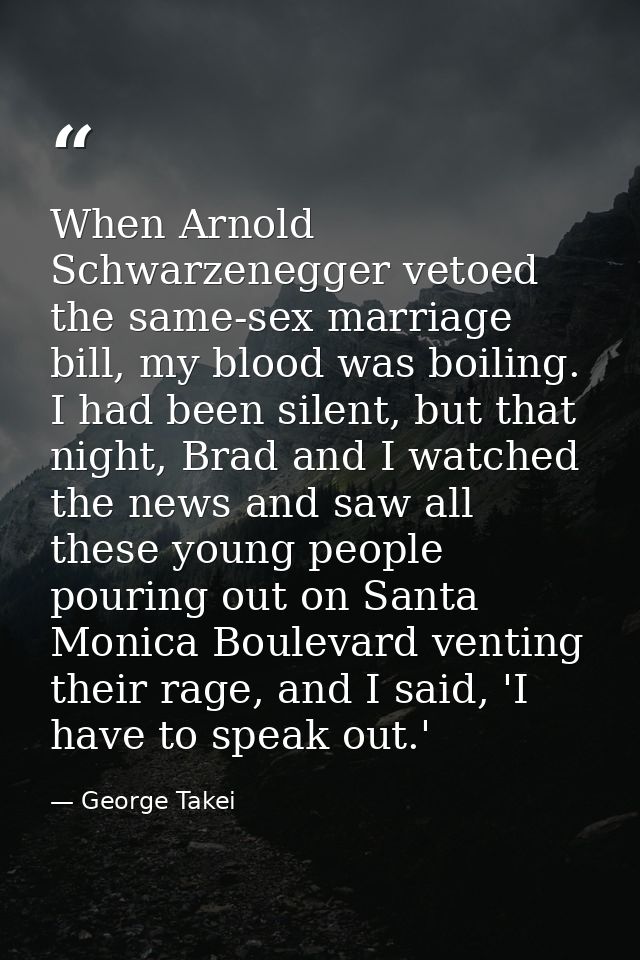 When Arnold Schwarzenegger vetoed the same-sex marriage bill, my blood was boiling. I had been silent, but that night, B — George Takei