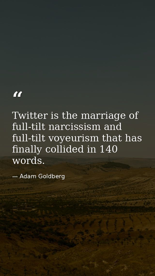 Twitter is the marriage of full-tilt narcissism and full-tilt voyeurism that has finally collided in 140 words. — Adam Goldberg