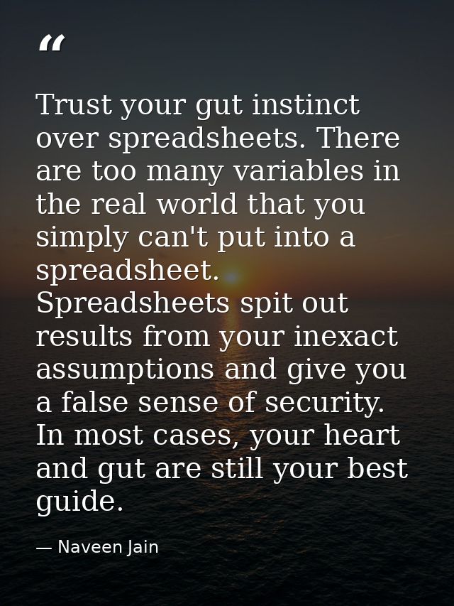 Trust your gut instinct over spreadsheets. There are too many variables in the real world that you simply can't put into — Naveen Jain