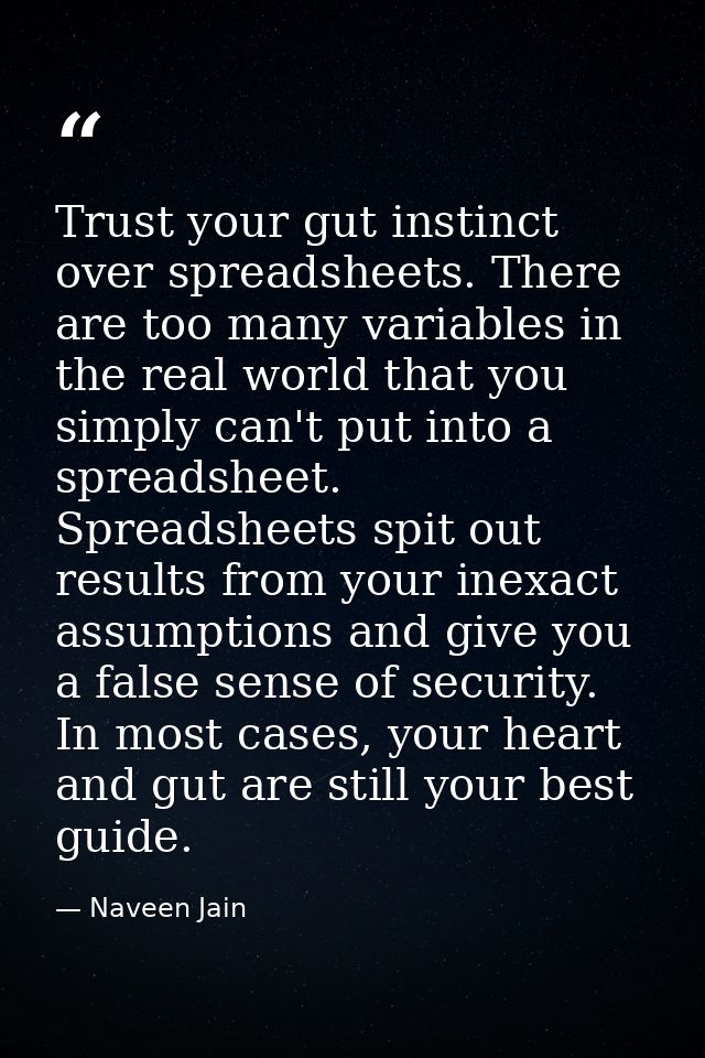 Trust your gut instinct over spreadsheets. There are too many variables in the real world that you simply can't put into — Naveen Jain