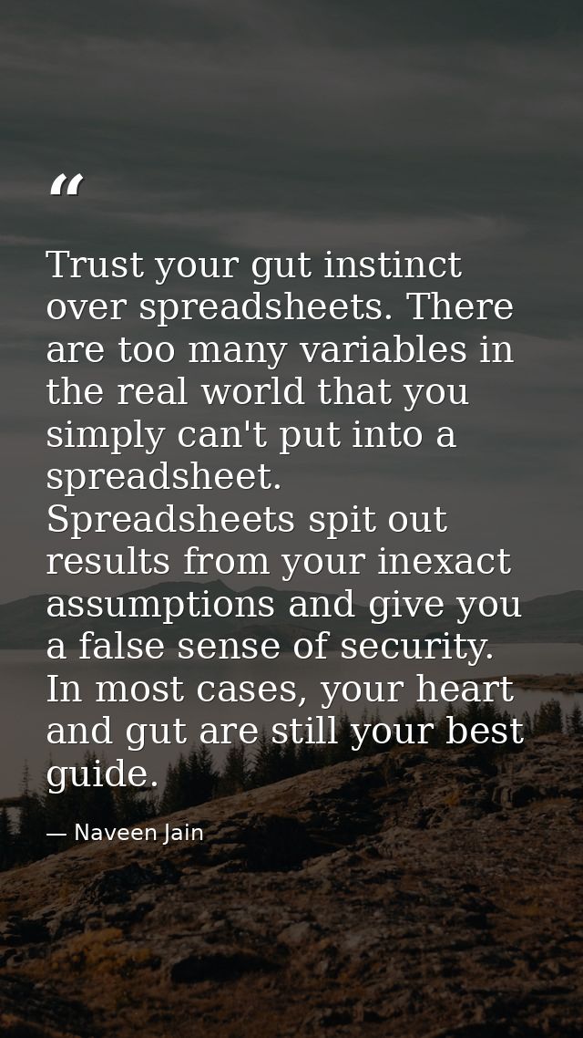 Trust your gut instinct over spreadsheets. There are too many variables in the real world that you simply can't put into — Naveen Jain