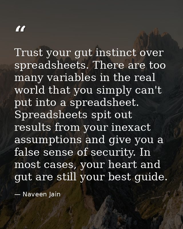 Trust your gut instinct over spreadsheets. There are too many variables in the real world that you simply can't put into — Naveen Jain