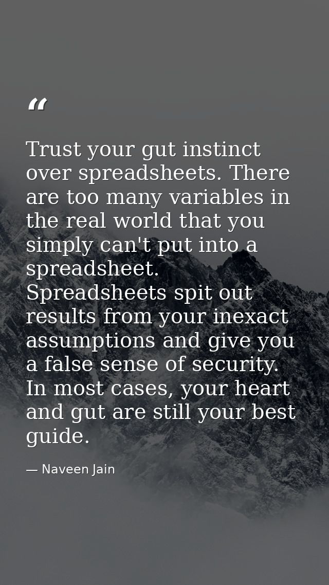 Trust your gut instinct over spreadsheets. There are too many variables in the real world that you simply can't put into — Naveen Jain