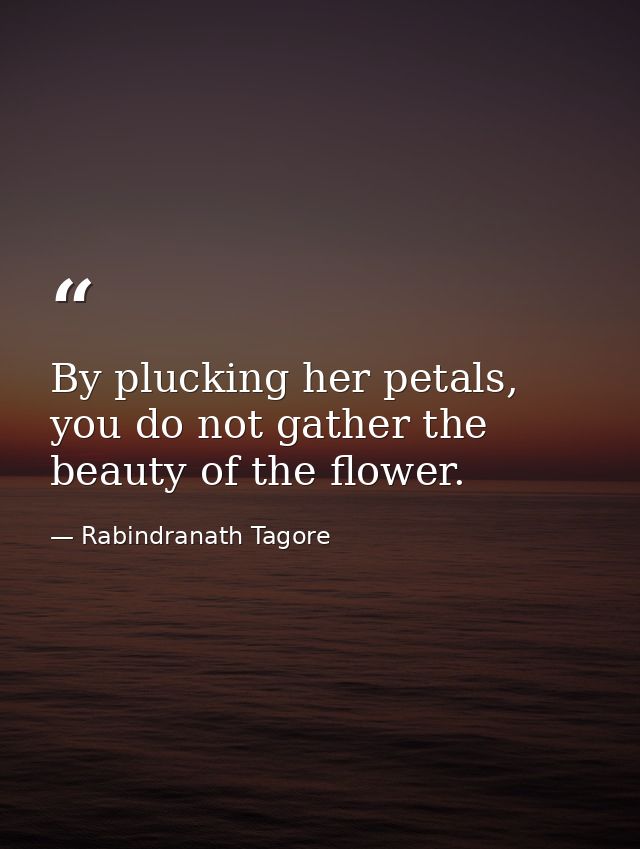 By plucking her petals, you do not gather the beauty of the flower. — Rabindranath Tagore