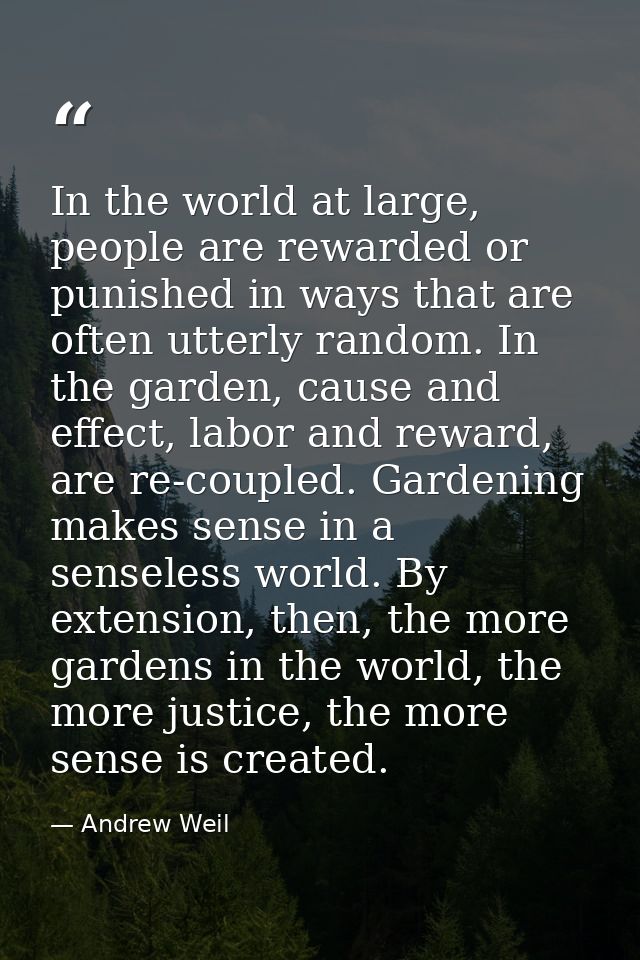 In the world at large, people are rewarded or punished in ways that are often utterly random. In the garden, cause and e — Andrew Weil